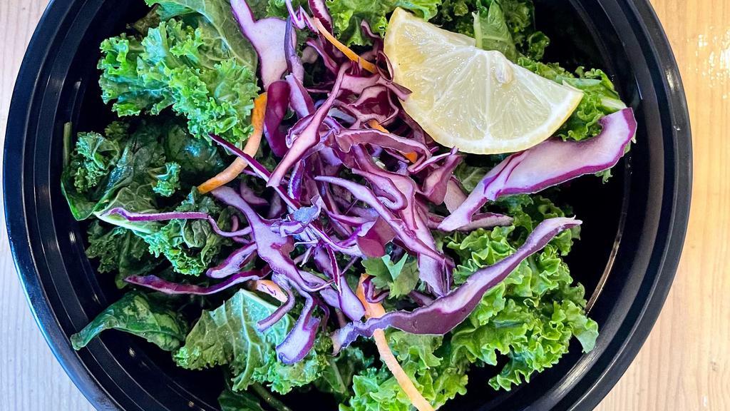 Kale Salad · Kale, baby spinach, shredded purple cabbage, carrots. Add avocado