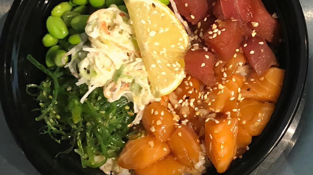 Ocean: (Tuna + Salmon Poke) · Ahi tuna & salmon poké + edamame + kani salad + seaweed salad.