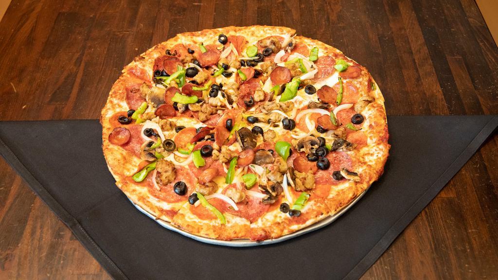 King Arthur Supreme · Classic Red Sauce, Pepperoni, Italian Sausage, Salami, Portuguese Sausage, Mushrooms, Green Peppers, White Onions & Black Olives.
