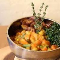 Jungle Vegetable Curry Bowl · Vegan. Gluten-Free. Chickpeas, greens beans, carrots, sweet potato and bamboo shoots  in a c...