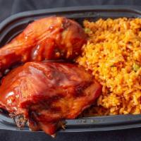 Bbq Chicken (Pollo A La Barbacoa) · BBQ chicken with choice of rice and beans.
pollo a la barbacoa con arroz y frijoles a elecci...