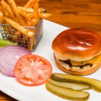 Cheese Burger · Served with french fries, pickle, lettuce, onion, sliced tomato and mayonnaise.