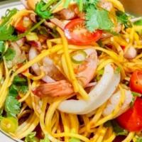 Mango Salad Seafood (Shrimp Calamari Mussels) · Gluten free, dairy free, contains nuts. Seafood, cashew nut and chili lime dressing.