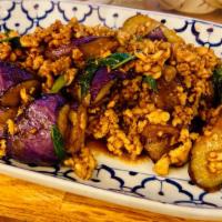 Chinese Eggplant · Dairy free, vegan, vegetarian. Garlic, chilli and basil.