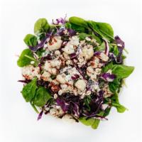 Crisp Cauli · Red cabbage and baby spinach, Gomasio salt-roasted cauliflower, toasted oat, green olives, b...
