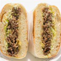 Korean Bbq Beef Sandwich · Marinated beef in Korean style BBQ included onion and scallion.
 Lettuce, Pickled Jalapeño, ...
