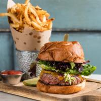 Baker’S Dry Aged Burger (Lunch) · Onion jam, cheddar cheese, and fries.