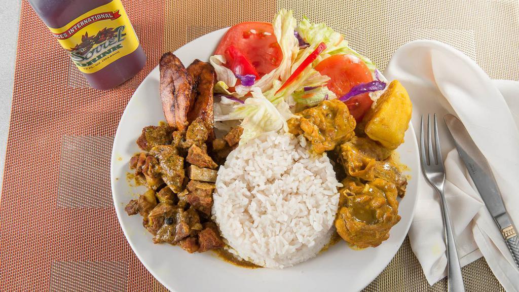Curry Chicken Dinner · Served with rice & peas or white rice or yellow rice, salad or steamed cabbage