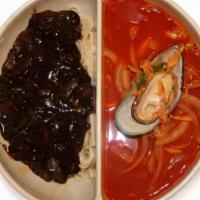 Jjajangmyeon & Jjamppong  Combo · Korean black bean pork noodle and seafood noodle soup combo. Prepared with noodles that are ...