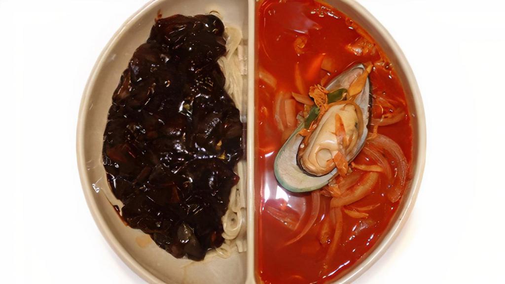 Jjajangmyeon & Jjamppong  Combo · Korean black bean pork noodle and seafood noodle soup combo. Prepared with noodles that are made Fresh at our restaurant.