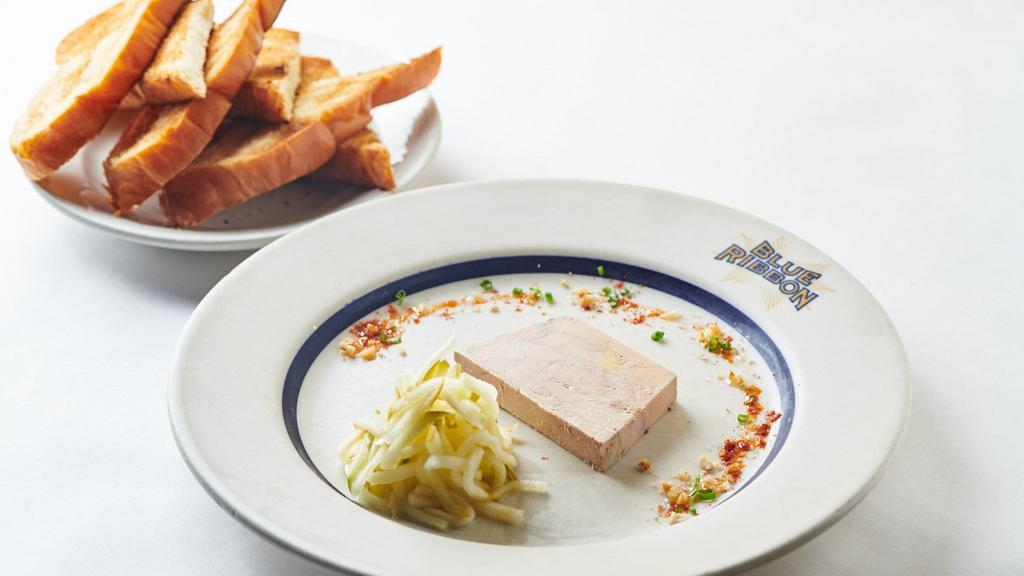 Foie Gras Terrine · Candied apple, walnuts, and house made challah toast.
