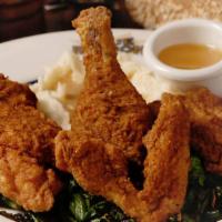 Fried Chicken · Mashed potatoes and collard greens.