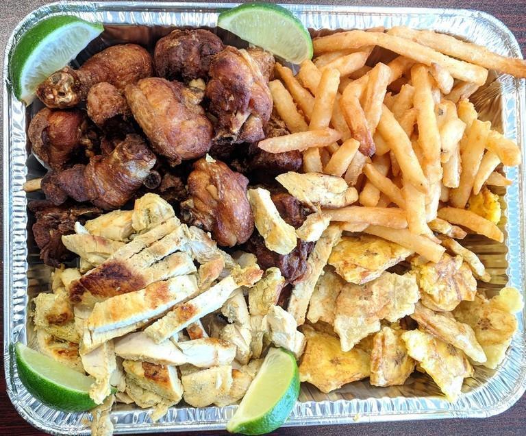 Fiesta Platter · Half tray fiesta platter for a group of friends 3-4.. Includes our crispy chicken and grilled chicken with up to two sides (fries/ tostones/ maduros)