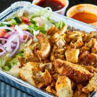 Chicken Over Rice Platter · Grilled chicken, basmati rice, lettuce, tomato, cucumber, onion, cilantro.