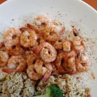 Steamed Shrimp(No Shell,20Pc,Seasoned ) & F.F Or Rice · 20pc,oldbay seasoned ,no shell