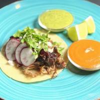 Carnitas · Grilled slow-cooked pulled pork topped with cilantro onions and radish