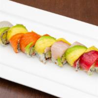 Rainbow Roll · Crab, avocado, and cucumber topped with tuna, salmon, and whitefish. Prepared with your choi...