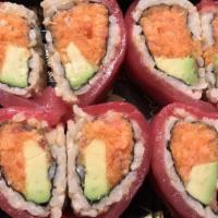 Sweetheart Roll · Crunchy spicy tuna and avocado wrapped with sliced tuna. Prepared with your choice of rice.