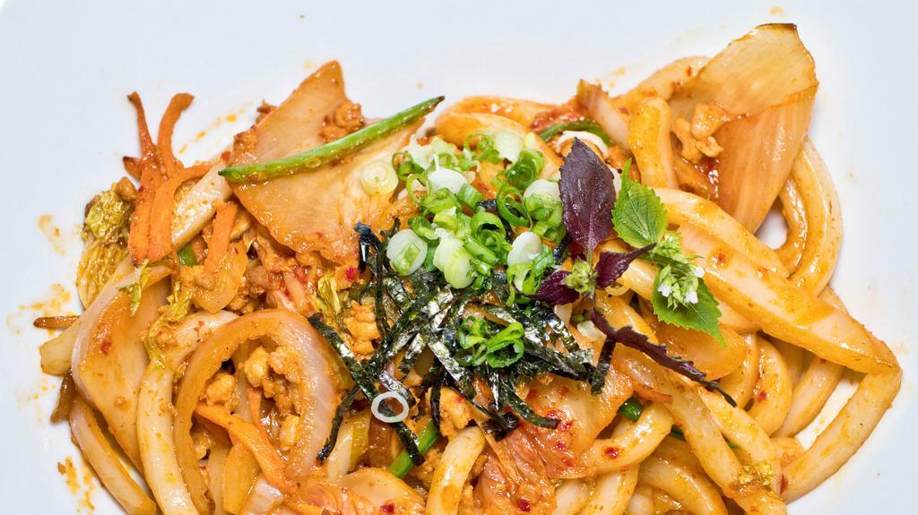 Kimchi Yaki Udon. · Stir fried noodles, kimchi, minced pork