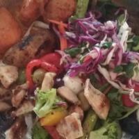 Grilled Chicken Salad · Choice of greens, tomatoes, carrots, onions, peppers, cucumber, grilled chicken.