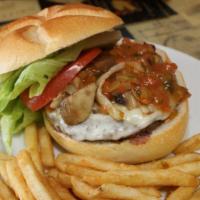 Westbrook Burger · Fried onions, fried mushrooms, provolone and a special mild sauce.