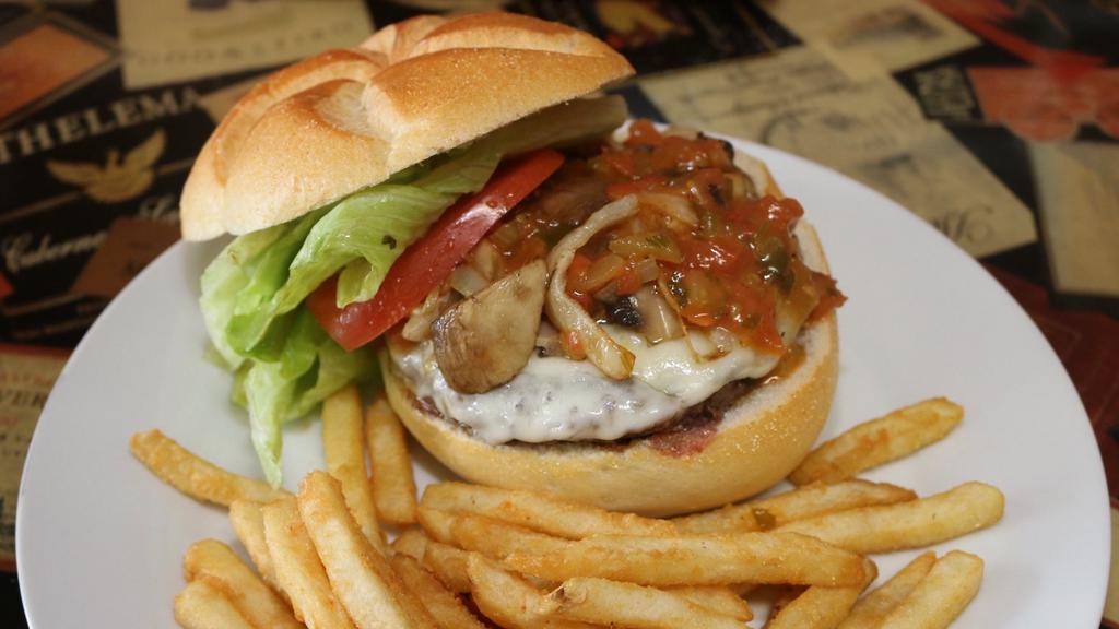 Westbrook Burger · Fried onions, fried mushrooms, provolone and a special mild sauce.