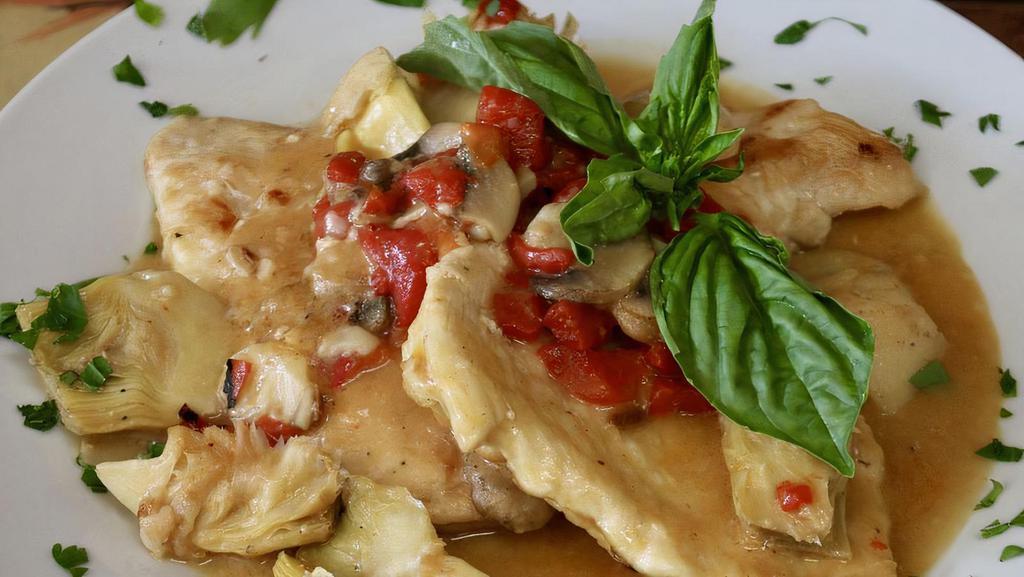 Chicken Contadina · Sautéed chicken breast with artichokes and mushrooms in a light red sauce. Served with your choice of side.