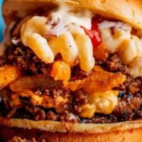 Gahhbage Smash · 2 LODED N smashed steak burgers, fries, Mac & cheese, Rise N Shines Dirty D meat hot Sauce, ...