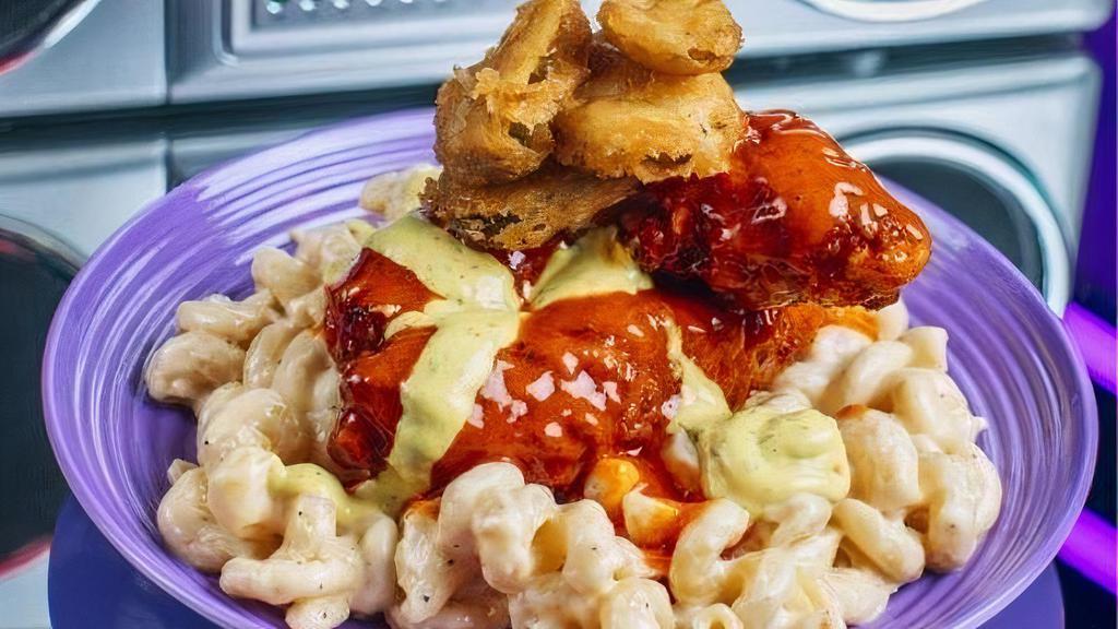 (Lg) Nashville Hot N Dilly Dilly Chicken Mac · LODED Mac N Cheese topped with LODED & Dredged Fresh N Fried Chicken, Nashville hot sauce, drizzled Rise N Shine’s creamy dilly dilly sauce, & fried dill pickles chips