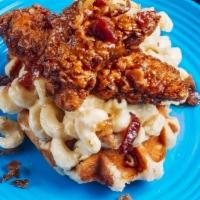 (Sm) Chipotle French Toast Chicken Bacon Waffle Mac · Waffle bed topped with LODED Mac N Cheese, chopped LODED & Dredged Fresh N Fried Chicken, So...