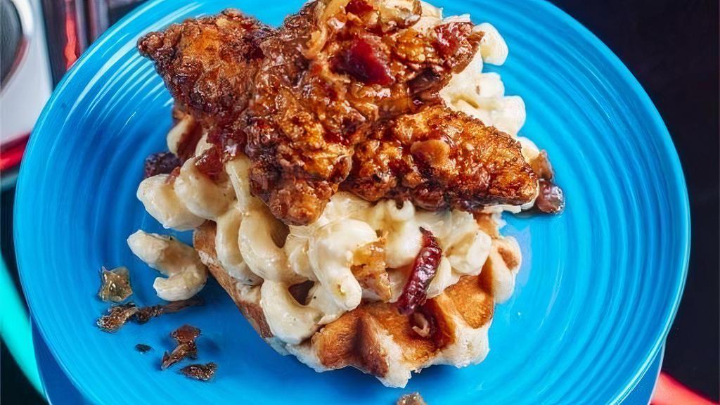 (Lg) Chipotle French Toast Chicken Bacon Waffle Mac · Waffle bed topped with LODED Mac N Cheese, chopped LODED & Dredged Fresh N Fried Chicken, Soaked in Rise N Shine’s chipotle French toast sauce, & topped with chopped bacon