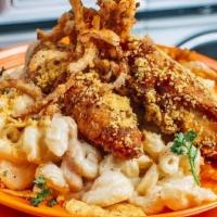 (Sm) Cool Dorito Mac · Chopped Cool ranch Dorito dusted LODED & dredged fresh fried chicken tenders, bacon, house f...