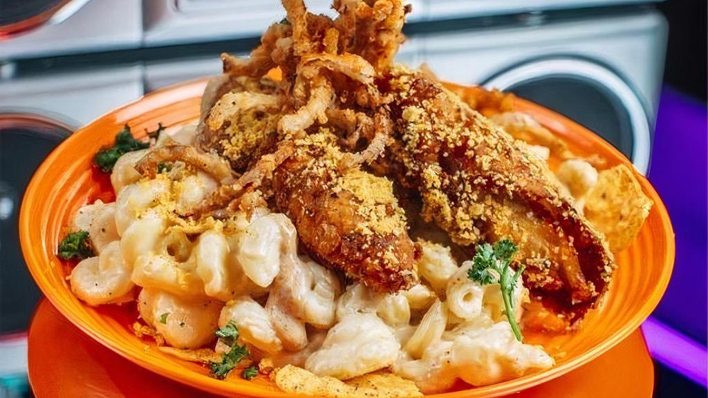 (Sm) Cool Dorito Mac · Chopped Cool ranch Dorito dusted LODED & dredged fresh fried chicken tenders, bacon, house frizzled onions & drizzled chipotle cool ranch over LODED Mac N Cheese