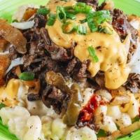 (Lg) Cheesesteak Wit Wiz Mac · Shaved angus Steak, peppers & onions, drizzled cheese wiz sauce, fried mozzarella, on LODED ...