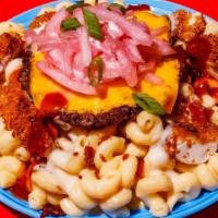 (Lg) Ménage Trois Mac · LODED MAC N CHEESE topped with LODED N Smashed Steak Burger, Cool-Ranch Dorito Encrusted Chi...