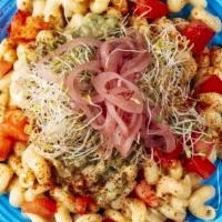 Vegan Cali Mac · LODED’s plant based Mac & cheegan topped with Guacamole, pickled onions, chipotle aïoli, alf...