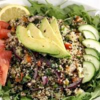 Quinoa Protein Bowl · Arugula, quinoa, hard boiled egg, chickpeas, tomatoes, cucumbers, scallions, lemon and oil d...