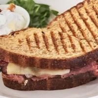 Roast Beef Panini · Whole wheat sourdough, sweet and spicy brown mustard, 4 slices roast beef, swiss cheese, car...