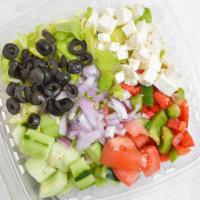 Greek Salad Plate · Romaine lettuce, feta cheese, cucumbers, olives, peppers, red onions and red wine vinaigrette.