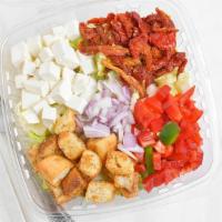 Panzanella Salad Plate · Organic mesculin greens, fresh mozzarella, diced red onions, sundried tomatoes, peppers and ...