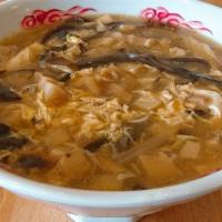 Da Lu Mian (Noodle Soup) · Noodles with minced pork belly fresh bamboo shoot sliced wood ear, dried lily flower, shiita...
