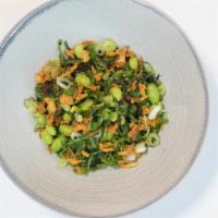 Triple Edamame Seaweed Salad · Topped with sesame seeds & golden crispy shallots