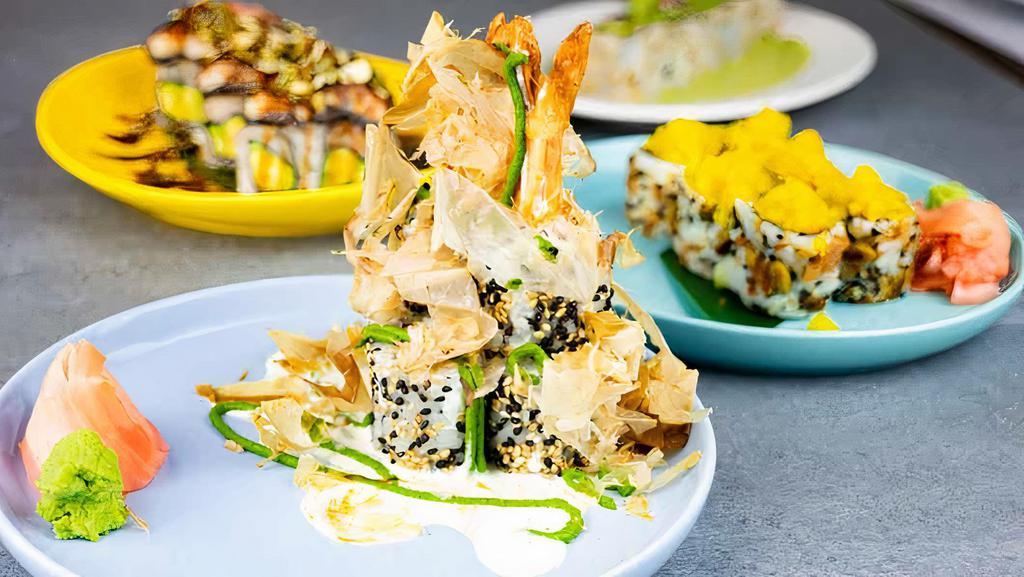Shrimp Temp Roll · avocado / bonito flakes / wasabi yogurt / shiso oil