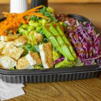 Grilled Tofu Salad · Grilled tofu, kale , romaine, carrot, avocado, edamame, red cabbage, quinoa and comes with A...
