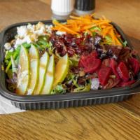 Beet & Pear Salad · Mix green, beet, dry cranberry, pear, carrot, avocado, goat cheese and comes with balsamic v...