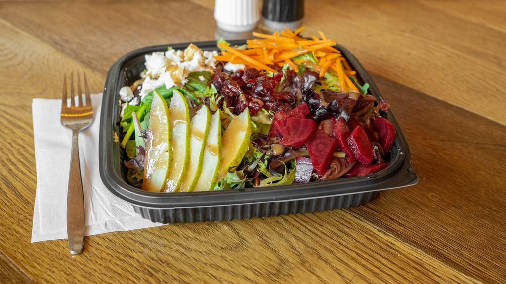 Beet & Pear Salad · Mix green, beet, dry cranberry, pear, carrot, avocado, goat cheese and comes with balsamic vinaigrette.