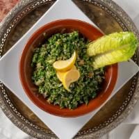 Taboulah · Vegan. Authentic parsley salad with bulgur, mixed with chopped scallions, tomato , mint, oii...