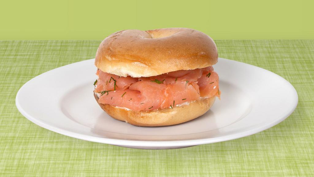 Cream Cheese And Lox Bagel · House smoked salmon lox on a bagel with cream cheese.