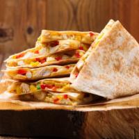 Chicken Fajita Quesadilla · Flour tortilla filled with chipotle chicken, peppers, onions, avocado, jack cheese, and chip...