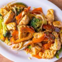 Chicken Teriyaki · Sauteed with assorted vegetables. Served with soup or salad and your choice of potato and ve...